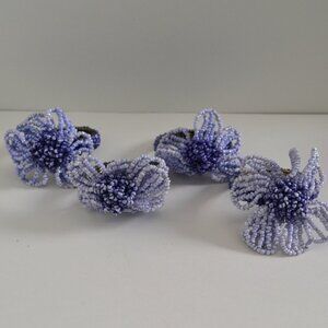 Set Of 4 Lillian Vernon Beaded Napkin Rings Blue Flower Design Dining